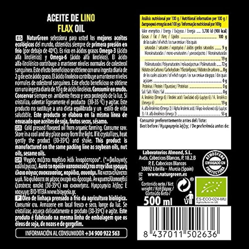 NaturGreen - Aceite de Semillas de Lino Ecológico 100%, Rico en Omega-3, Contiene 500 ml, Pack 6 Unidades FxAZsPla