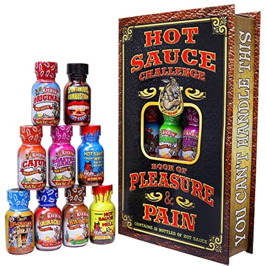 KICKIN´ Hot Sauce Challenge Book Of Pleasure & Pain - Set de regalo de 12 botellas de 0,75 onzas - Perfect Premium Gourmet Hot Sauce Set de regalo - ¡Pruébalo si te atreves! mse4mHsy