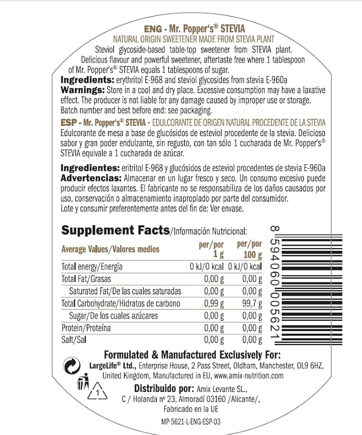 AMIX - Stevia Mr. Poppers - 500 Gr - Endulzante Natural - Producto Sin Calorías - Endulza Postres y Bebidas - Apto para Diabéticos - Sin Aromas Artificiales - Saborizantes sin Azúcar lVVvxWom