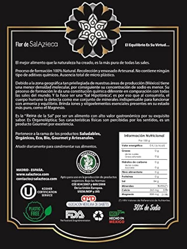 Sal Azteca/Flor de Sal de Manantial - Menos Sodio, 100% Pura y Natural, sin Refinar. Rica en Magnesio y más Minerales. Gourmet por Excelencia (Bolsa 454 g) mvntlQZV
